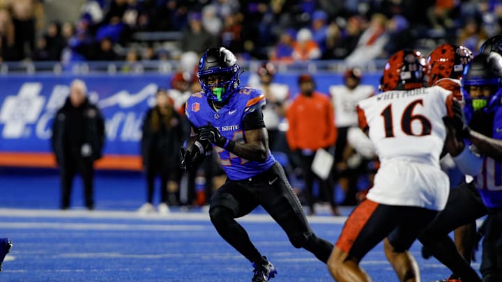Nov 1, 2024; Boise, Idaho, USA; Boise State Broncos running back Dylan Riley (24) during the second half against the San Diego State Aztecs at Albertsons Stadium. Boise State defeats San Diego State  56-24. Mandatory Credit: Brian Losness-Imagn Images

