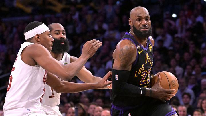 Mar 31, 2026; Los Angeles, California, USA; Los Angeles Lakers forward LeBron James (23) is defended by Cleveland Cavaliers guard James Harden (1) and forward Nae'qwan Tomlin (35) in the first half at Crypto.com Arena. Mandatory Credit: Jayne Kamin-Oncea-Imagn Images Mar 31, 2026; Los Angeles, California, USA; Los Angeles Lakers forward LeBron James (23) is defended by Cleveland Cavaliers guard James Harden (1) and forward Nae'qwan Tomlin (35) in the first half at Crypto.com Arena. Mandatory Credit: Jayne Kamin-Oncea-Imagn Images