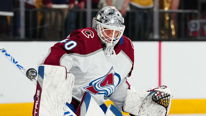 Apr 14, 2024; Las Vegas, Nevada, USA; Colorado Avalanche goaltender Alexandar Georgiev (40) warms up