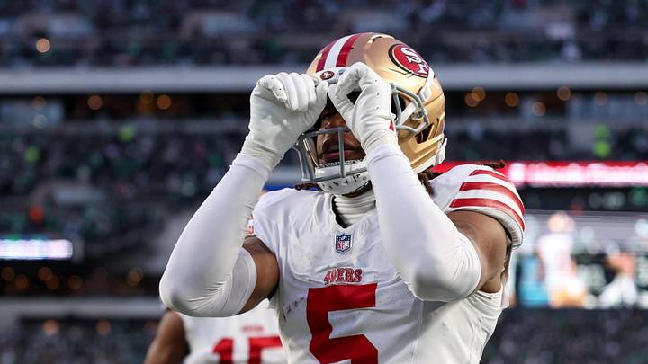 Jan 11, 2026; Philadelphia, PA, USA; San Francisco 49ers wide receiver Demarcus Robinson (5) celebrates a touchdown against the Philadelphia Eagles during the first quarter in an NFC Wild Card Round game at Lincoln Financial Field. Mandatory Credit: Bill Streicher-Imagn Images
