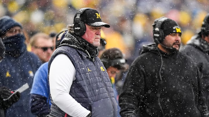 Michigan defensive coordinator Wink Martindale watches a play against Ohio State during the second half at Michigan Stadium in Ann Arbor on Saturday, Nov. 29, 2025.