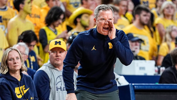 Michigan head coach Dusty May reacts to a play against Villanova during the second half at Crisler Center in Ann Arbor on Tuesday, Dec. 9, 2025.