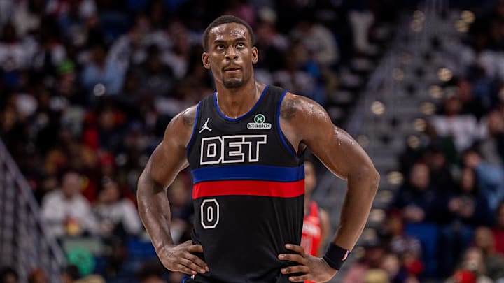 Jan 21, 2026; New Orleans, Louisiana, USA;  Detroit Pistons center Jalen Duren (0) reacts to a play against the New Orleans Pelicans during the second half at Smoothie King Center. Mandatory Credit: Stephen Lew-Imagn Images