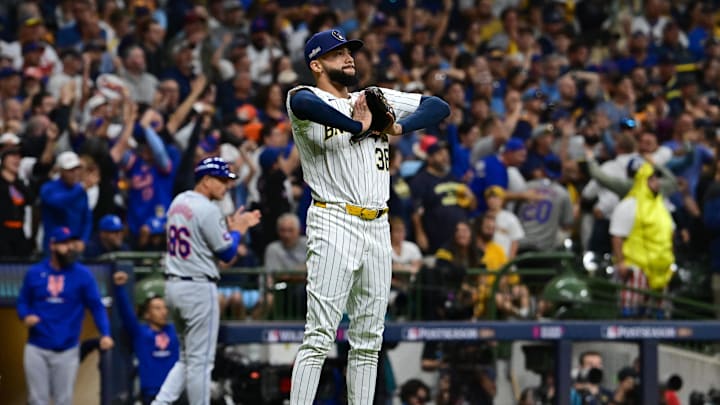 Oct 3, 2024; Milwaukee, Wisconsin, USA; Milwaukee Brewers pitcher Devin Williams (38) reacts in the ninth inning against the New York Mets during game three of the Wildcard round for the 2024 MLB Playoffs at American Family Field. Mandatory Credit: Benny Sieu-Imagn Images