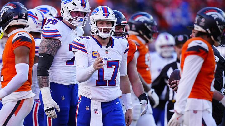 Jan 17, 2026; Denver, CO, USA; Buffalo Bills quarterback Josh Allen (17) reacts after a play during the second quarter of an AFC Divisional Round playoff game against the Denver Broncos at Empower Field at Mile High. Jan 17, 2026; Denver, CO, USA; Buffalo Bills quarterback Josh Allen (17) reacts after a play during the second quarter of an AFC Divisional Round playoff game against the Denver Broncos at Empower Field at Mile High.