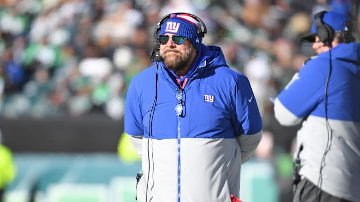 Jan 5, 2025; Philadelphia, Pennsylvania, USA; New York Giants head coach Brian Daboll on the sidelines against the Philadelphia Eagles at Lincoln Financial Field. Mandatory Credit: Eric Hartline-Imagn Images