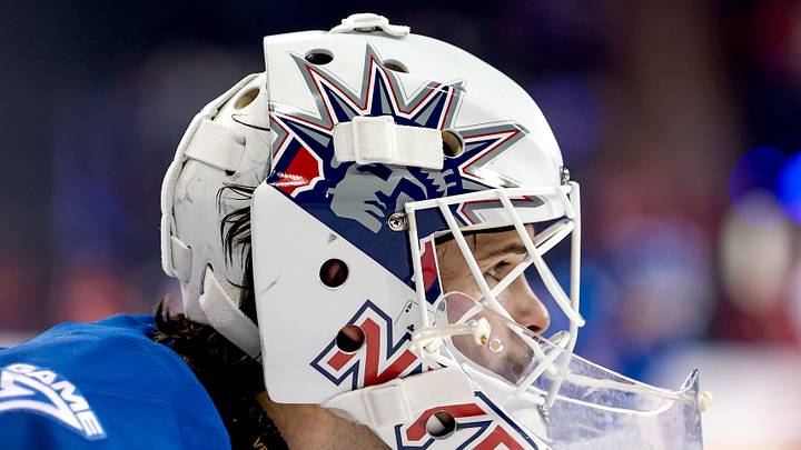 Apr 4, 2026; New York, New York, USA; New York Rangers goalie Igor Shesterkin (31) warms up before the first period against the Detroit Red Wings at Madison Square Garden. Mandatory Credit: Danny Wild-Imagn Images