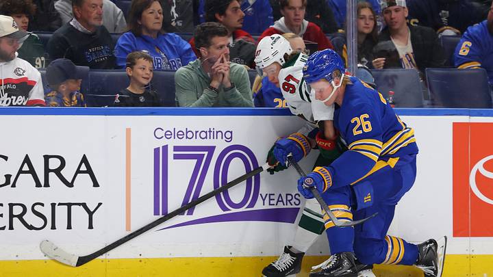 Oct 6, 2026; Buffalo, New York, USA; Minnesota Wild left wing Kirill Kaprizov (97) gets checked by Buffalo Sabres defenseman Rasmus Dahlin (26) was he goes after the puck during the first period at KeyBank Center. Mandatory Credit: Timothy T. Ludwig-Imagn Images Oct 6, 2026; Buffalo, New York, USA; Minnesota Wild left wing Kirill Kaprizov (97) gets checked by Buffalo Sabres defenseman Rasmus Dahlin (26) was he goes after the puck during the first period at KeyBank Center. Mandatory Credit: Timothy T. Ludwig-Imagn Images