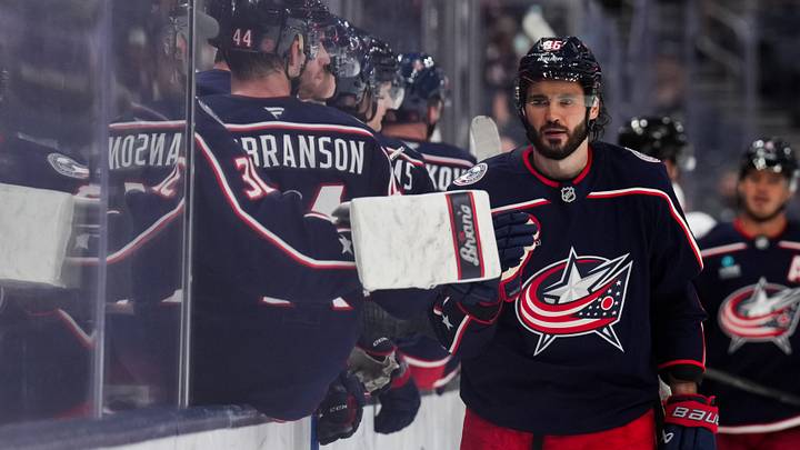 Sep 24, 2026; Columbus, Ohio, USA;  Columbus Blue Jackets forward Kirill Marchenko (86) celebrates with teammates on the bench after scoring a goal against the Pittsburgh Penguins in the third period at Nationwide Arena. Mandatory Credit: Aaron Doster-Imagn Images