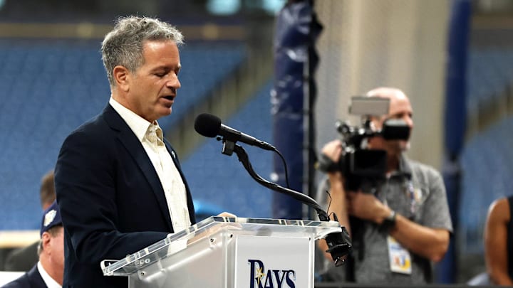 Tampa Bay Rays principal owner Stu Sternberg talks with media as the Tampa Bay Rays announced today that a historic agreement has been reached with the City of St. Petersburg and Pinellas County to move forward with a new state-of-the-art ballpark at Tropicana Field in 2023.