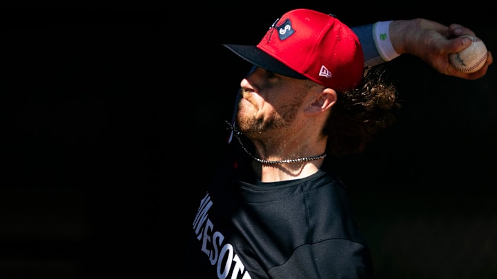 Pitcher Chris Paddack throws inside the bullpen during the Minnesota Twins spring training workouts at Hammond Stadium on Fort Myers on Thursday, Feb. 15, 2024.