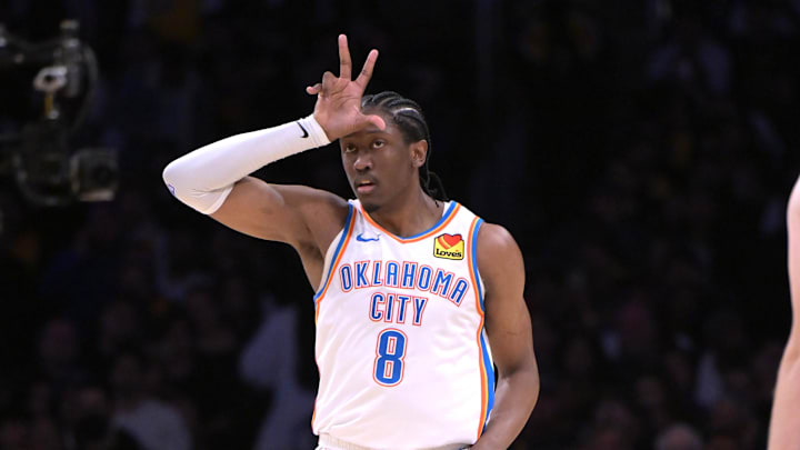 Jan 15, 2024; Los Angeles, California, USA; Oklahoma City Thunder forward Jalen Williams (8) signals after a 3-point basket in the second half against the Los Angeles Lakers at Crypto.com Arena. Mandatory Credit: Jayne Kamin-Oncea-Imagn Images