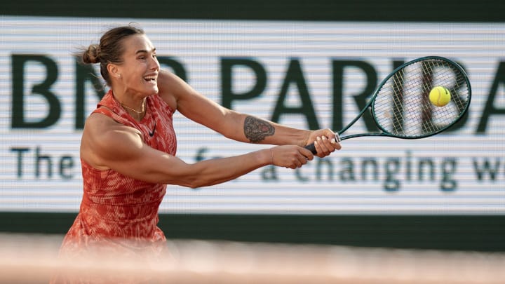 Jun 5, 2024; Paris, France; Aryna Sabalenka returns a shot during her match against Mirra Andreeva on day 11 of Roland Garros at Stade Roland Garros. Mandatory Credit: Susan Mullane-USA TODAY Sports