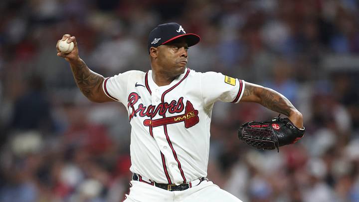 Oct 7, 2026; Cumberland, Georgia, USA;  Atlanta Braves pitcher Raisel Iglesias (26) pitches against the Los Angeles Dodgers during the ninth inning in game four of the NLDS for the 2026 MLB Playoffs at Truist Park.  Mandatory Credit: Brett Davis-Imagn Images