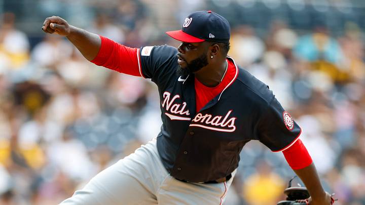 Sep 9, 2026; San Diego, California, USA;  Washington Nationals relief pitcher Eddy Yean (46) throws a pitch during the eighth inning against the San Diego Padres at Petco Park.  Mandatory Credit: David Frerker-Imagn Images