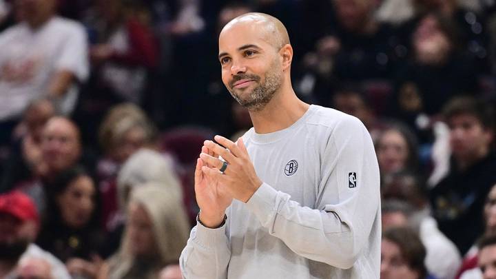 Oct 24, 2026; Cleveland, Ohio, USA; Brooklyn Nets head coach Jordi Fernandez reacts during the first half against the Cleveland Cavaliers at Rocket Arena. Mandatory Credit: Ken Blaze-Imagn Images
