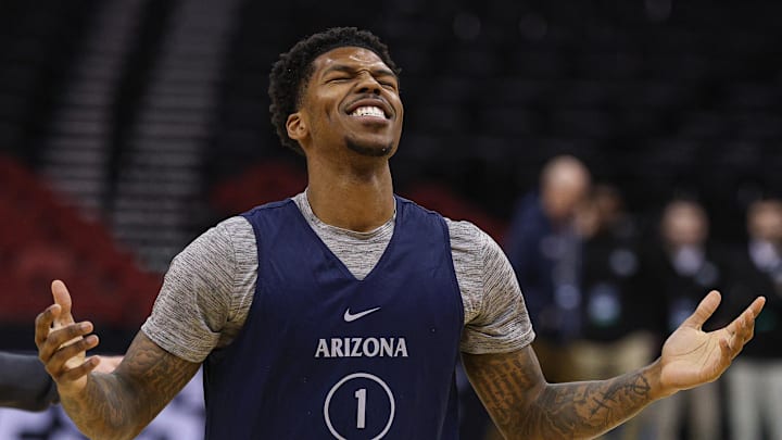 Mar 26, 2025; Newark, NJ, USA; Arizona Wildcats guard Caleb Love (1) reacts during a practice session in preparation for an East Regional semifinal game against the Duke Blue Devils at Prudential Center. Mandatory Credit: Vincent Carchietta-Imagn Images