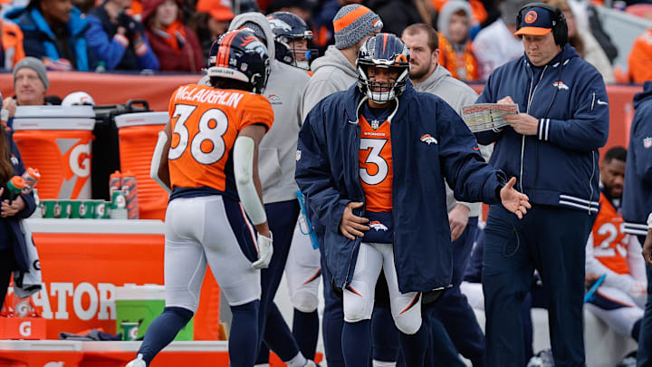 Dec 31, 2023; Denver, Colorado, USA; Denver Broncos quarterback Russell Wilson (3) reacts with