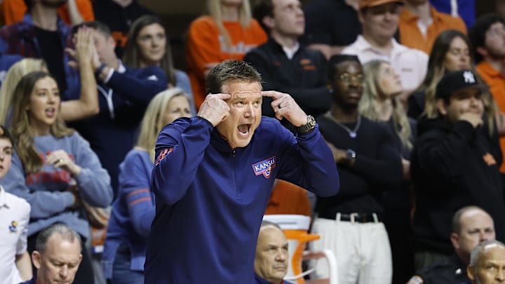 Feb 14, 2023; Stillwater, Oklahoma, USA; Kansas Jayhawks head coach Bill Self gestures to his team on a play against the Oklahoma State Cowboys during the second half at Gallagher-Iba Arena. Kansas won 87-76. Mandatory Credit: Alonzo Adams-Imagn Images