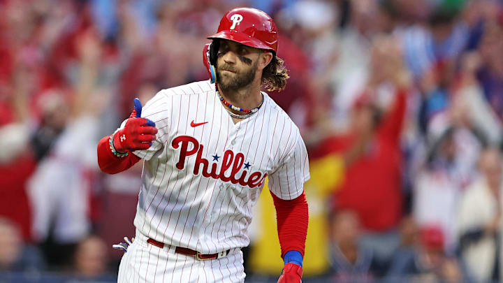 Oct 11, 2023; Philadelphia, Pennsylvania, USA; Philadelphia Phillies first baseman Bryce Harper (3)