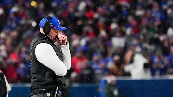 Jan 19, 2025; Orchard Park, New York, USA; Buffalo Bills head coach Sean McDermott looks on during the second quarter against the Baltimore Ravens in a 2025 AFC divisional round game at Highmark Stadium. Mandatory Credit: Gregory Fisher-Imagn Images