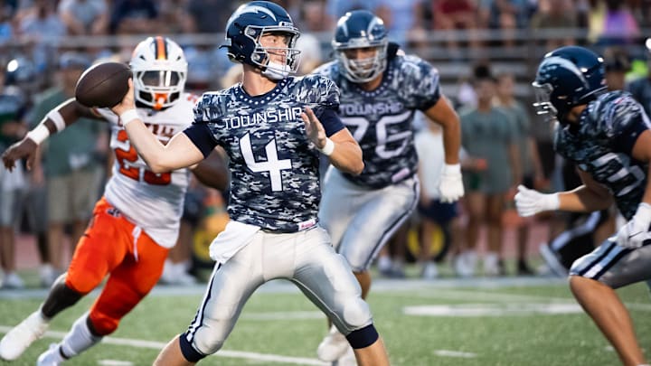 Manheim Township quarterback Carson Weisser passes during a non-conference football game against Central York on Thursday, August 29, 2024, in Neffsville, Lancaster County. Manheim Township quarterback Carson Weisser passes during a non-conference football game against Central York on Thursday, August 29, 2024, in Neffsville, Lancaster County.
