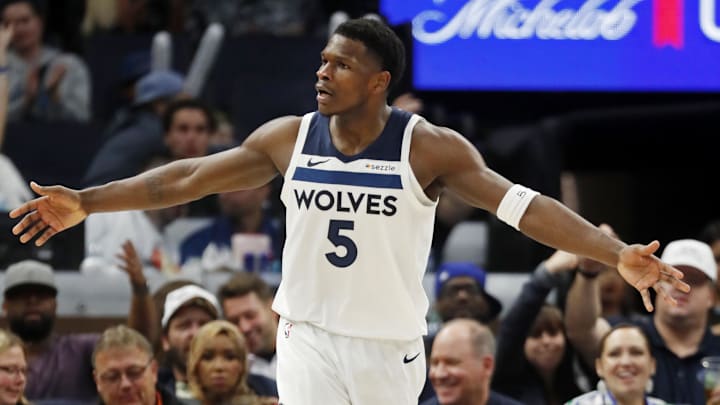 Nov 8, 2024; Minneapolis, Minnesota, USA; Minnesota Timberwolves guard Anthony Edwards (5) questions a no call during the third quarter against the Portland Trail Blazers at Target Center. Mandatory Credit: Bruce Kluckhohn-Imagn Images