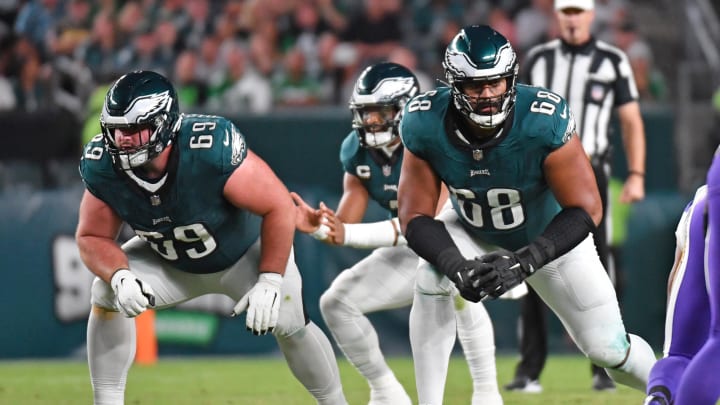 Sep 14, 2023; Philadelphia, Pennsylvania, USA; Philadelphia Eagles guard Landon Dickerson (69) and