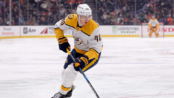 Mar 14, 2025; Anaheim, California, USA; Nashville Predators center Fedor Svechkov (40) skates against the Anaheim Ducks during the third period at Honda Center. Mandatory Credit: Ryan Sun-Imagn Images