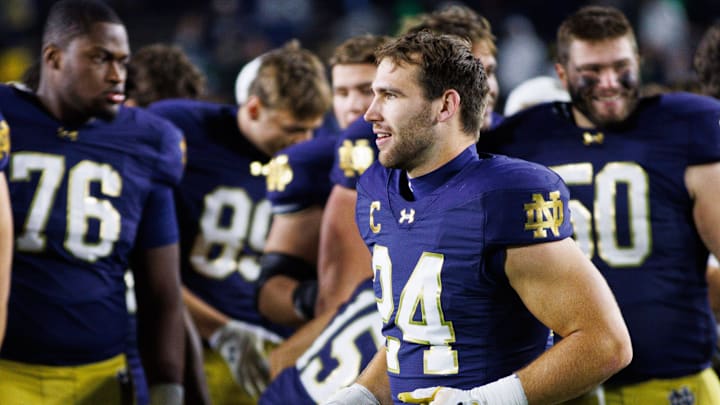 Notre Dame linebacker Jack Kiser (24) runs off the field after winning a NCAA college football game 35-14 against Virginia at Notre Dame Stadium on Saturday, Nov. 16, 2024, in South Bend.