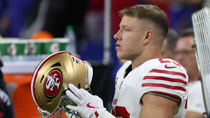San Francisco 49ers running back Christian McCaffrey (23) looks on before the game against the Indianapolis Colts at Lucas Oil Stadium. 