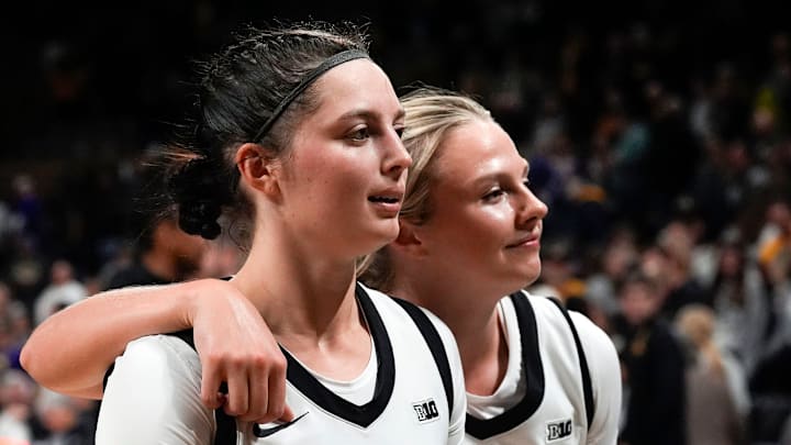 Iowa guard Taylor McCabe (2) and Iowa guard Callie Levin (32) walk off the court after defeating the Western Illinois Leathernecks Nov. 26, 2025 at Carver-Hawkeye Arena in Iowa City, Iowa.