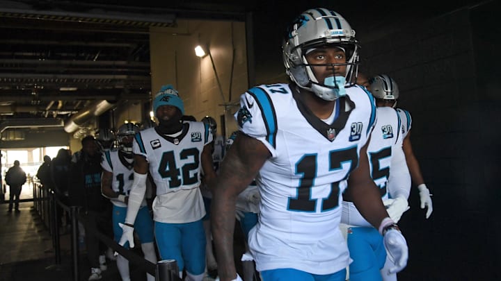 Dec 8, 2024; Philadelphia, Pennsylvania, USA; Carolina Panthers wide receiver Xavier Legette (17) in the tunnel against the Philadelphia Eagles  at Lincoln Financial Field. Mandatory Credit: Eric Hartline-Imagn Images