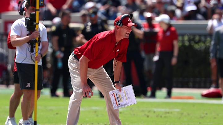 Apr 11, 2026; Tuscaloosa, AL, USA; Alabama Crimson Tide head coach Kalen DeBoer calls a play during the Alabama A-Day spring football scrimmage game at Saban Field at Bryant-Denny Stadium. Mandatory Credit: David Leong-Imagn Images Apr 11, 2026; Tuscaloosa, AL, USA; Alabama Crimson Tide head coach Kalen DeBoer calls a play during the Alabama A-Day spring football scrimmage game at Saban Field at Bryant-Denny Stadium. Mandatory Credit: David Leong-Imagn Images