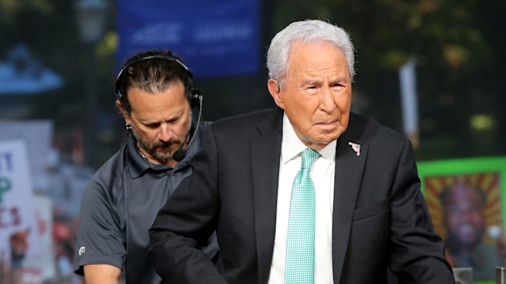 ESPN host Lee Corso gets ready for the ESPN College GameDay show on Saturday, Sept. 23, 2023, on the Hesburgh Library lawn on the University of Notre Dame campus in South Bend. The show was to highlight the Notre Dame-Ohio State game.