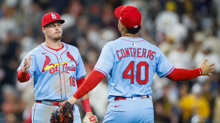 Aug 2, 2025; San Diego, California, USA; St. Louis Cardinals third baseman Nolan Gorman (16) celebrates with first baseman Willson Contreras (40) after defeating the San Diego Padres at Petco Park. Mandatory Credit: David Frerker-Imagn Images Aug 2, 2025; San Diego, California, USA; St. Louis Cardinals third baseman Nolan Gorman (16) celebrates with first baseman Willson Contreras (40) after defeating the San Diego Padres at Petco Park. Mandatory Credit: David Frerker-Imagn Images