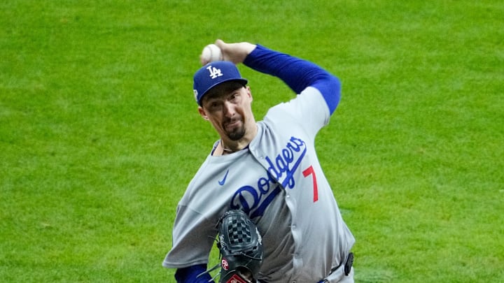 Oct 13, 2025; Milwaukee, Wisconsin, USA; Los Angeles Dodgers pitcher Blake Snell (7) throws a pitch against the Milwaukee Brewers in the sixth inning during game one of the NLCS round for the 2025 MLB playoffs at American Family Field. Mandatory Credit: Michael McLoone-Imagn Images