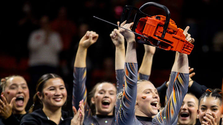OSU gymnast Jade Carey celebrates scoring a 10 in her floor routine during the meet against Fisk University on Friday, March 21, 2025 at Gill Coliseum in Corvallis, Ore.