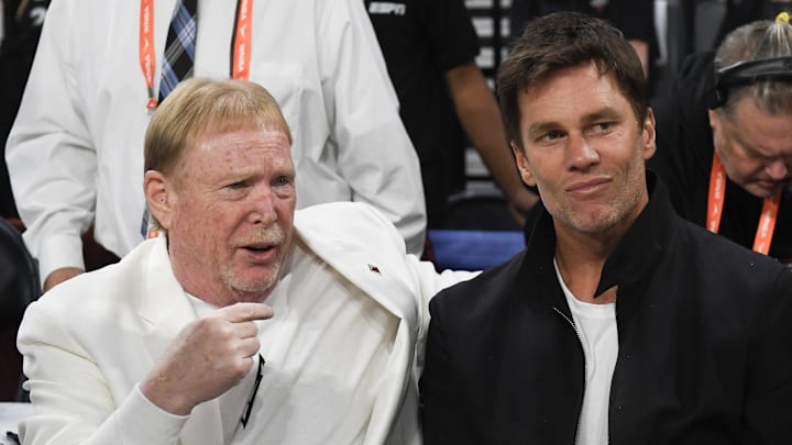 Oct 8, 2023; Las Vegas, Nevada, USA; Las Vegas Aces owner Mark Davis and part-owner Tom Brady talk before the game between the Las Vegas Aces and the New York Liberty during game one of the 2023 WNBA Finals at Michelob Ultra Arena. Mandatory Credit: Candice Ward-Imagn Images