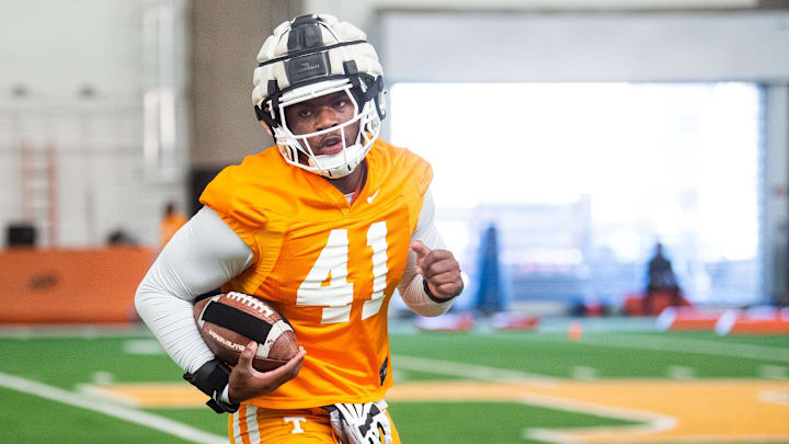 Tennessee defensive lineman Tyree Weathersby (41) during UT spring football practice on Tuesday, March 19, 2024. Tennessee defensive lineman Tyree Weathersby (41) during UT spring football practice on Tuesday, March 19, 2024.