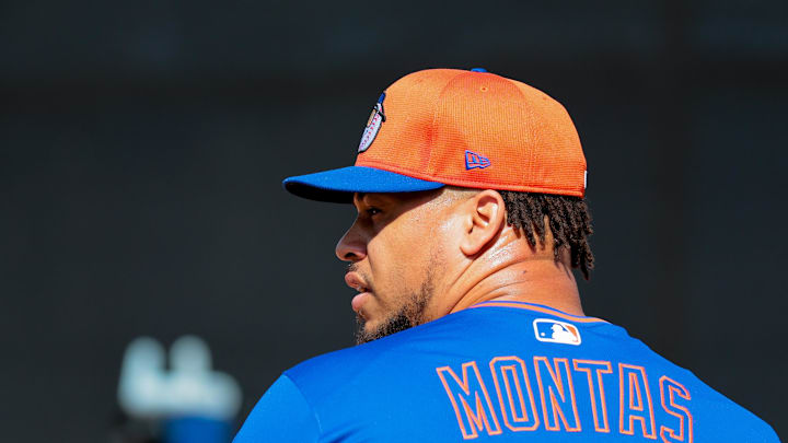 Feb 12, 2025; Port St. Lucie, FL, USA; New York Mets pitcher Frankie Montas (47) pitches during a Spring Training workout at Clover Park. Mandatory Credit: Sam Navarro-Imagn Images