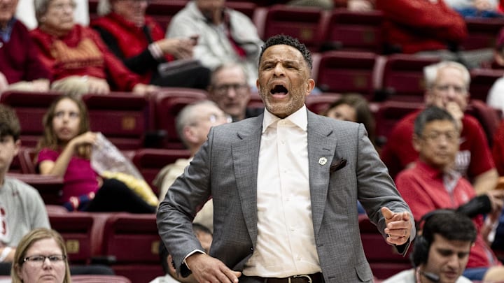 Feb 7, 2026; Stanford, California, USA; Georgia Tech Yellow Jackets head coach Damon Stoudamire reacts during the second half against the Georgia Tech Yellow Jackets at Maples Pavilion. Mandatory Credit: John Hefti-Imagn Images