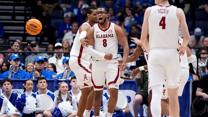 Alabama guard Chris Youngblood (8) reacts after he was fouled by Kentucky during the second half of a Southeastern Conference tournament quarterfinal game at Bridgestone Arena in Nashville, Tenn., Friday, March 14, 2025. Alabama guard Chris Youngblood (8) reacts after he was fouled by Kentucky during the second half of a Southeastern Conference tournament quarterfinal game at Bridgestone Arena in Nashville, Tenn., Friday, March 14, 2025.