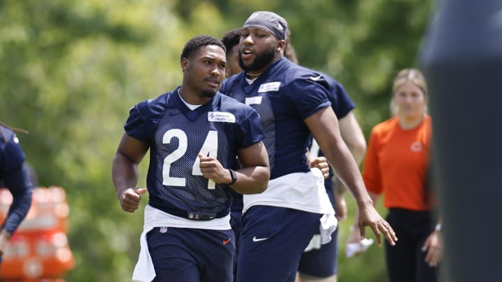 Khalil Herbert is listed on the first Bears depth chart as competing for backup running back with Roschon Johnson, not the actual backup. Khalil Herbert is listed on the first Bears depth chart as competing for backup running back with Roschon Johnson, not the actual backup.