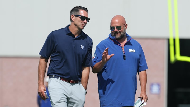 Jul 23, 2025; East Rutherford, NJ, USA; New York Giants general manager Joe Schoen and head coach Brian Daboll talk during training camp at Quest Diagnostics Training Center. Jul 23, 2025; East Rutherford, NJ, USA; New York Giants general manager Joe Schoen and head coach Brian Daboll talk during training camp at Quest Diagnostics Training Center.
