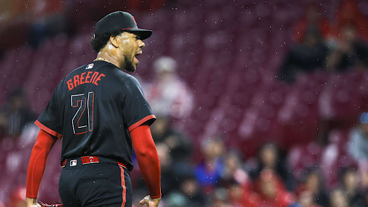 May 2, 2025; Cincinnati, Ohio, USA; Cincinnati Reds starting pitcher Hunter Greene (21) reacts after a play in the sixth inning against the Washington Nationals at Great American Ball Park. Mandatory Credit: Katie Stratman-Imagn Images