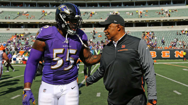 Sep 10, 2017; Cincinnati, OH, USA; Baltimore Ravens outside linebacker Terrell Suggs (55) greets Cincinnati Bengals head coach Marvin Lewis after their game at Paul Brown Stadium. Mandatory Credit: Aaron Doster-USA TODAY Sports