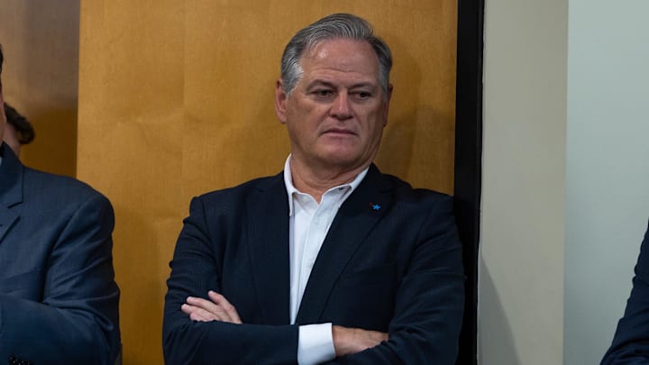 Mar 11, 2023; Metairie, LA, USA;  New Orleans Saints general manager Mickey Loomis looks on at Ochsner Sports Performance Center. Mandatory Credit: Stephen Lew-Imagn Images