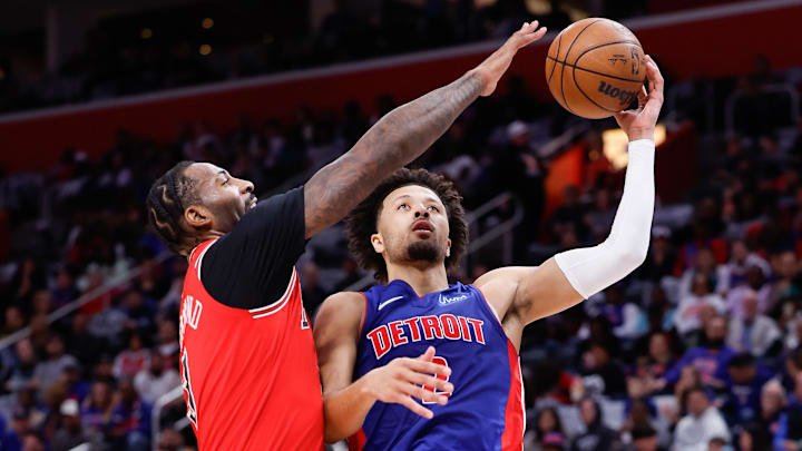 Oct 28, 2023; Detroit, Michigan, USA;  Detroit Pistons guard Cade Cunningham (2) shoots on Chicago