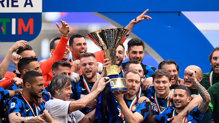 Players of FC Internazionale celebrate with the Scudetto...